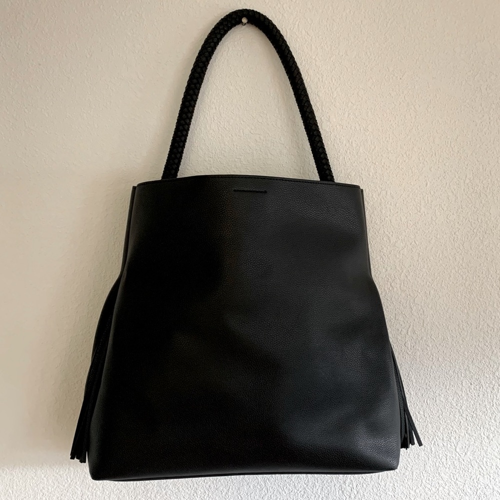 Large black leather fringe tote purse